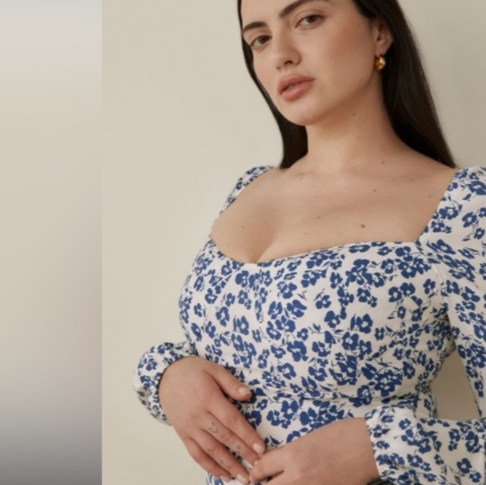 Reformation Reign Smocked Cropped Blouse 6 Blue Floral Milanesa